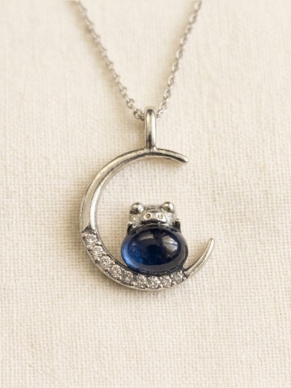 Celestial Silver and Tanzanite Blue Crescent Moon and Frog Pendant